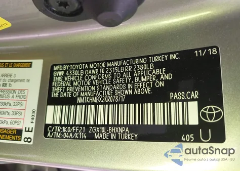 2019 Toyota C-Hr Xle z USA, uszkodzony, nr VIN NMTKHMBX2KR078717